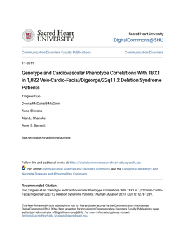 Genotype and Cardiovascular Phenotype Correlations with TBX1 in 1,022 Velo-Cardio-Facial/Digeorge/22Q11.2 Deletion Syndrome Patients