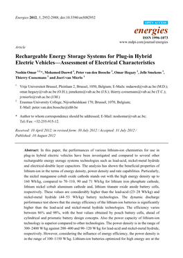 Rechargeable Energy Storage Systems for Plug-In Hybrid Electric Vehicles—Assessment of Electrical Characteristics