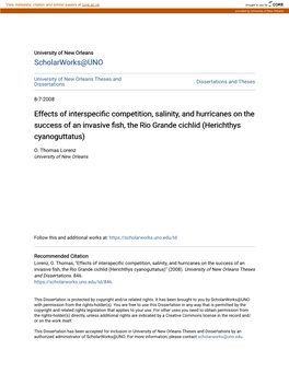 Effects of Interspecific Competition, Salinity, and Hurricanes on the Success of an Invasive Fish, the Rio Grande Cichlid (Herichthys Cyanoguttatus)