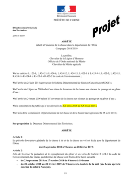 ARRÊTÉ Relatif À L'exercice De La Chasse Dans Le Département De L