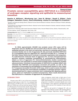 Prostate Cancer Susceptibility Gene HIST1H1A Is a Modulator of Androgen Receptor Signaling and Epithelial to Mesenchymal Transition