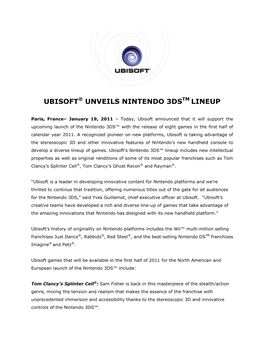 Ubisoft® Unveils Nintendo 3Dstm Lineup