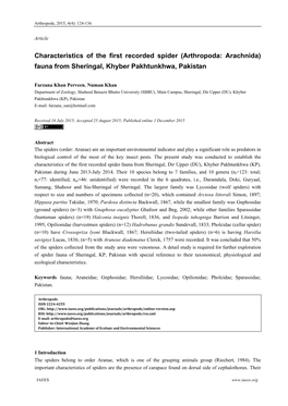 Characteristics of the First Recorded Spider (Arthropoda: Arachnida) Fauna from Sheringal, Khyber Pakhtunkhwa, Pakistan