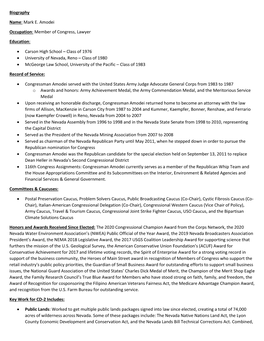 Mark E. Amodei Occupation: Member of Congress, Lawyer Education: • Carson High School