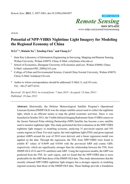 Remote Sensing ISSN 2072-4292 Article Potential of NPP-VIIRS Nighttime Light Imagery for Modeling the Regional Economy of China