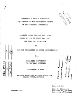 Experimental Studies Concerning Equilibrium and Non-Equilibrium Systems I?! Pre-Biological Atmospheres