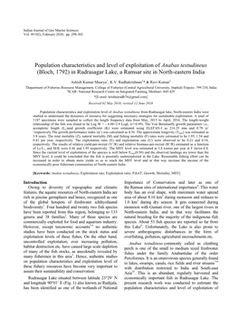 Population Characteristics and Level of Exploitation of Anabas Testudineus (Bloch, 1792) in Rudrasagar Lake, a Ramsar Site in North-Eastern India