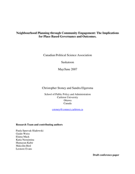 Neighbourhood Planning Through Community Engagement: the Implications for Place Based Governance and Outcomes