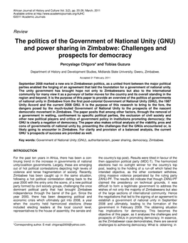 The Politics of the Government of National Unity (GNU) and Power Sharing in Zimbabwe: Challenges and Prospects for Democracy