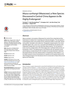 Mazus Sunhangii (Mazaceae), a New Species Discovered in Central China Appears to Be Highly Endangered