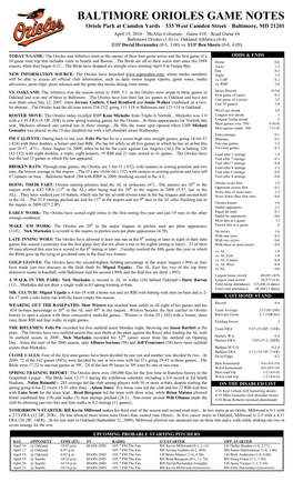 BALTIMORE ORIOLES GAME NOTES Oriole Park at Camden Yards · 333 West Camden Street · Baltimore, MD 21201