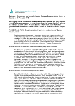 Belarus – Researched and Compiled by the Refugee Documentation Centre of Ireland on 24 February 2012