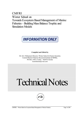 CMFRI Winter School on Towards Ecosystem Based Management of Marine Fisheries – Building Mass Balance Trophic and Simulation Models