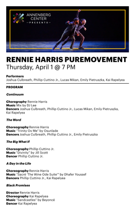 RENNIE HARRIS PUREMOVEMENT Thursday, April 1 @ 7 PM