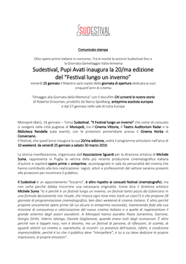 Sudestival, Pupi Avati Inaugura La 20/Ma Edizione Del “Festival Lungo