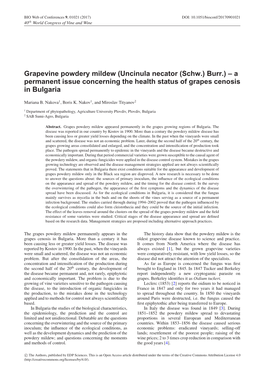 Grapevine Powdery Mildew (Uncinula Necator (Schw.) Burr.) – a Permanent Issue Concerning the Health Status of Grapes Cenosis in Bulgaria