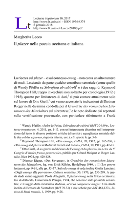 Il Plazer Nella Poesia Occitana E Italiana