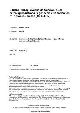 Eduard Herzog, Évêque De Genève? : Les Catholiques Nationaux Genevois Et La Formation D'un Diocèse Suisse (1868-1907)