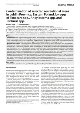 Contamination of Selected Recreational Areas in Lublin Province, Eastern Poland, by Eggs of Toxocara Spp., Ancylostoma Spp