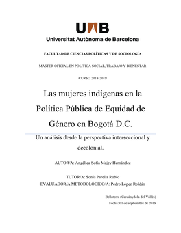 Las Mujeres Indígenas En La Política Pública De Equidad De Género En Bogotá D.C