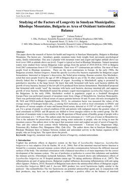 Studying of the Factors of Longevity in Smolyan Municipality, Rhodope Mountains, Bulgaria As Area of Oxidant/Antioxidant Balance