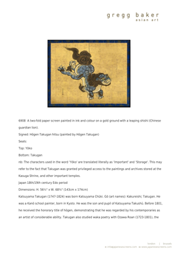 6908 a Two-Fold Paper Screen Painted in Ink and Colour on a Gold Ground with a Leaping Shishi (Chinese Guardian Lion)