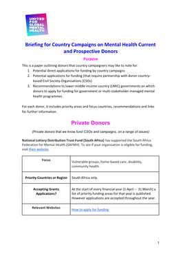 Briefing for Country Campaigns on Mental Health Current and Prospective Donors