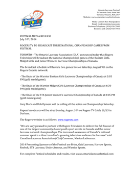 FESTIVAL MEDIA RELEASE July 10Th, 2014 ROGERS TV TO