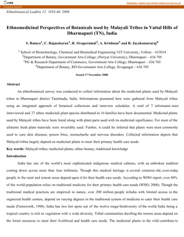 Ethnomedicinal Perspectives of Botanicals Used by Malayali Tribes in Vattal Hills of Dharmapuri (TN), India