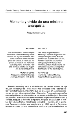 Memoria Y Olvido De Una Ministra Anarquista