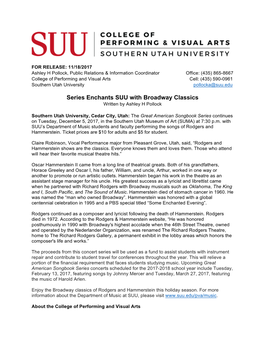 Series Enchants SUU with Broadway Classics Written by Ashley H Pollock