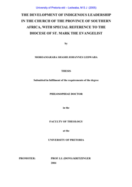 The Development of Indigenous Leadership in the Church of the Province of Southern Africa, with Special Reference to the Diocese of St