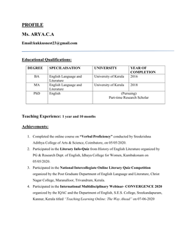 PROFILE Ms. ARYA.C.A