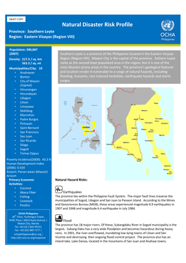 Natural Disaster Risk Profile Province: Southern Leyte Region: Eastern Visayas (Region VIII)