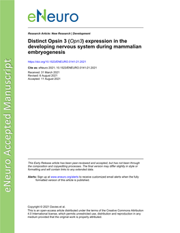 Distinct Opsin 3 (Opn3) Expression in the Developing Nervous System During Mammalian Embryogenesis