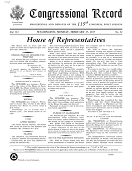 Congressional Record United States Th of America PROCEEDINGS and DEBATES of the 115 CONGRESS, FIRST SESSION