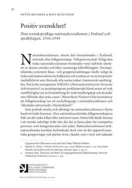 Positiv Svenskhet! Den Svenskspråkiga Nationalsocialismen I Finland Och Språkfrågan, 1936–1944