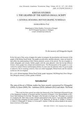 Khitan Studies I. the Graphs of the Khitan Small Script