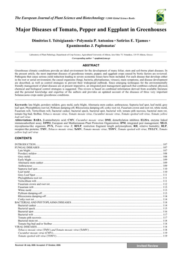 Major Diseases of Tomato, Pepper and Eggplant in Greenhouses