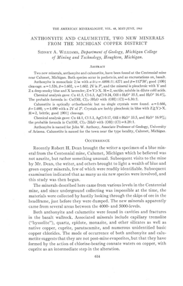 Anthonyite and Calumetite, Two New I4inerals from the Michigan Copper District