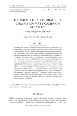 THE IMPACT of ELECTORAL RULE CHANGE on PARTY CAMPAIGN STRATEGY Hong Kong As a Case Study