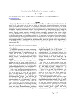 Page 1 of 7 Interstellar Probes: the Benefits to Astronomy and Astrophysics KF Longa* a Initiative for Interstellar Studies