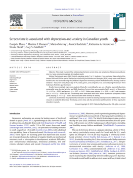 Screen Time Is Associated with Depression and Anxiety in Canadian Youth