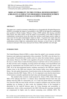 Cbd) Have an Impact on High-Rise Condominium Price Gradient in Kuala Lumpur, Malaysia?