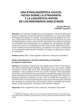 Una Etnolingüística Oculta. Notas Sobre La Etnografía Y La Lingüística Wichís De Los Misioneros Anglicanos