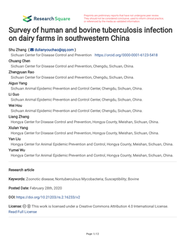 Survey of Human and Bovine Tuberculosis Infection on Dairy Farms in Southwestern China