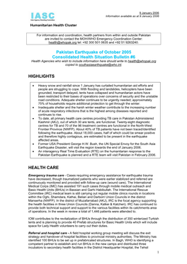 Pakistan Earthquake of October 2005 Consolidated Health Situation