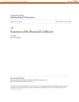 Functions of the Binomial Coefficient Sean Plott Harvey Mudd College