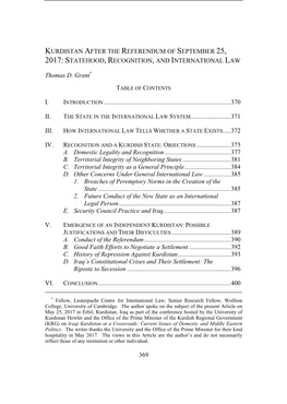 Kurdistan After the Referendum of September 25, 2017: Statehood, Recognition, and International Law