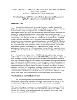 Global Unions1 Statement to the 2Nd Global Forum on Migration and Development Manila, Philippines, 27-30 October, 2008